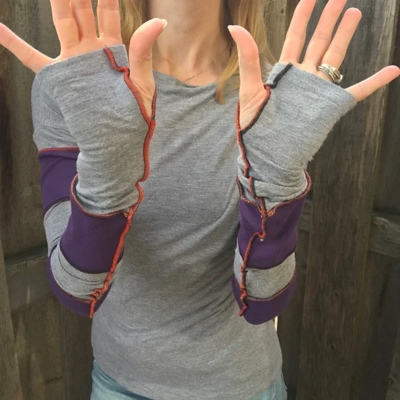 Upcycled Womens Purple Patchwork Shirt Size Medium Long Sleeve Gray Thumb Holes - Picture 1 of 12